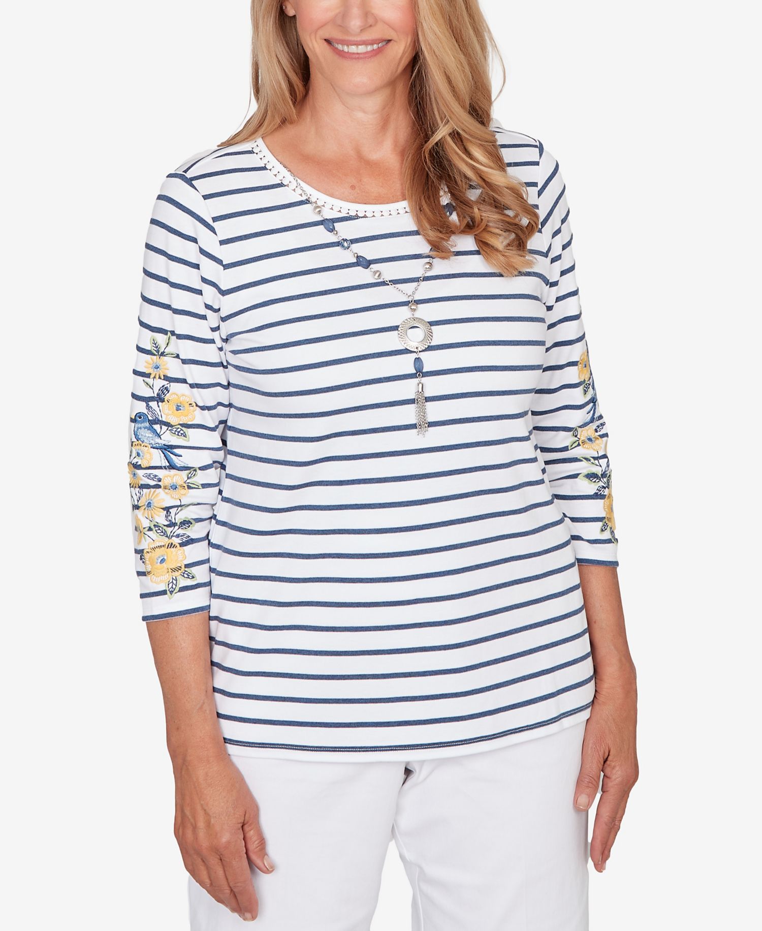 Women's Classic Floral Embroidered Stripe Top with Necklace