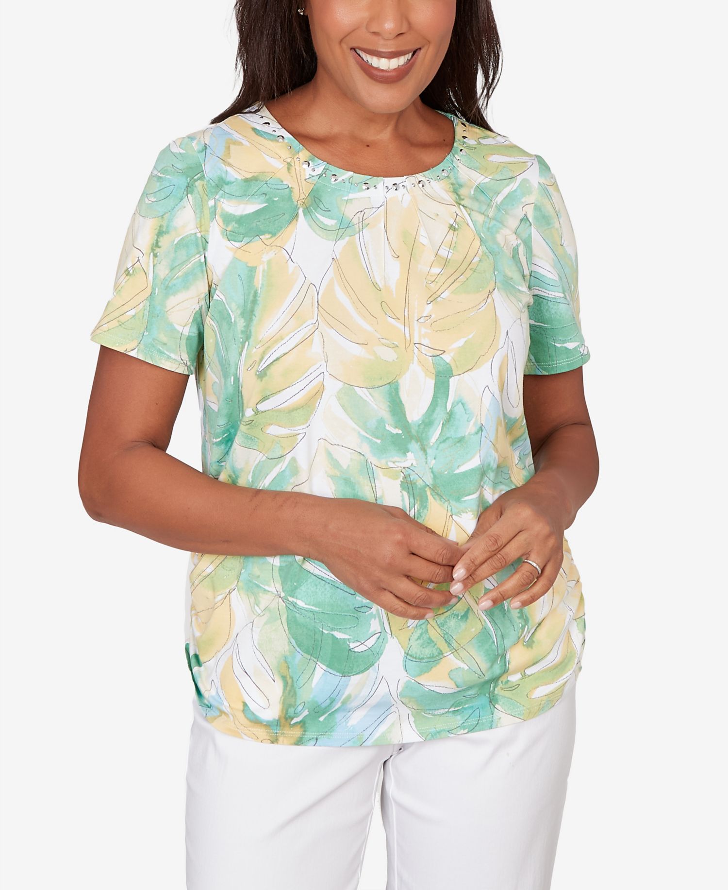 Women's Tropical Leaf Beaded Neck Ruched T-Shirt