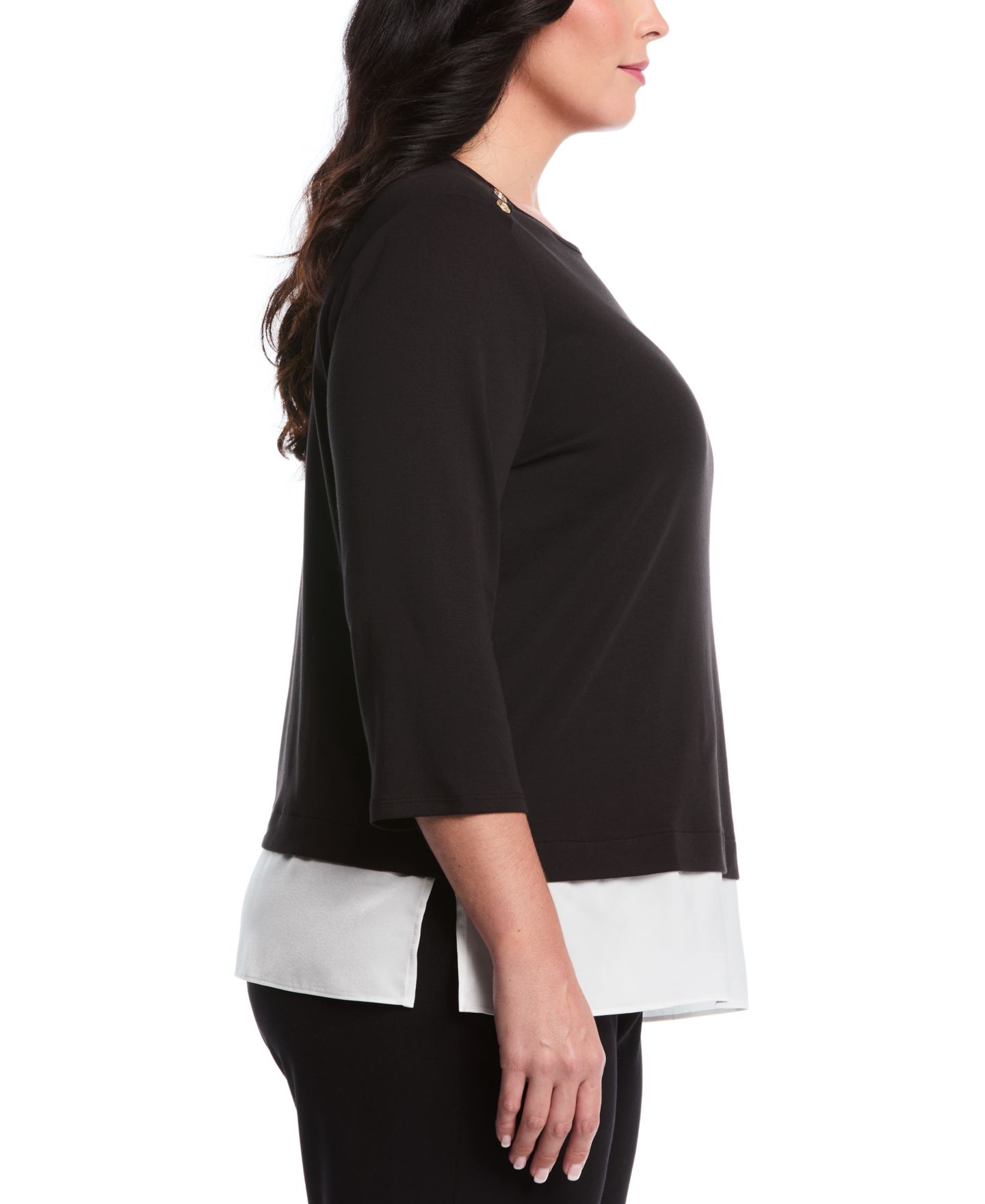 Женский топ Rafaella Plus Size Plus Size Rivet Detail Mixed Media Layered 3/4 Sleeve, цвет: Чёрный — фото 3