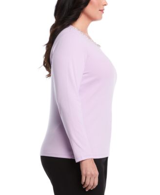 Plus Size Plus Size Embellished Neck Long Sleeve Top