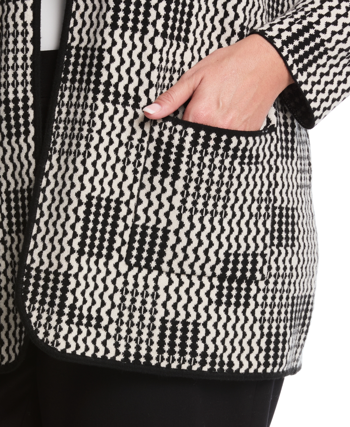 Rafaella Plus Geo Patch Pocket Open Long Sleeve Cardigan