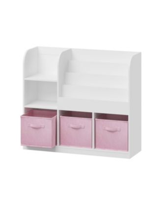 White/Pink Kids Bookcase with 3 Collapsible Fabric Drawers for Bedroom