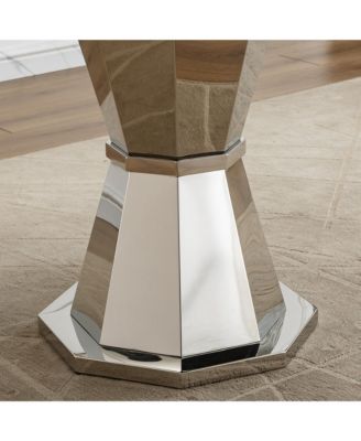 47" Round Marble Dining Table, High Gloss Faux Marble Top, Stainless Steel Base (White