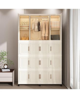 Portable Wardrobe Closet Organizer, 17 Cubes & Rod, Hangers, White