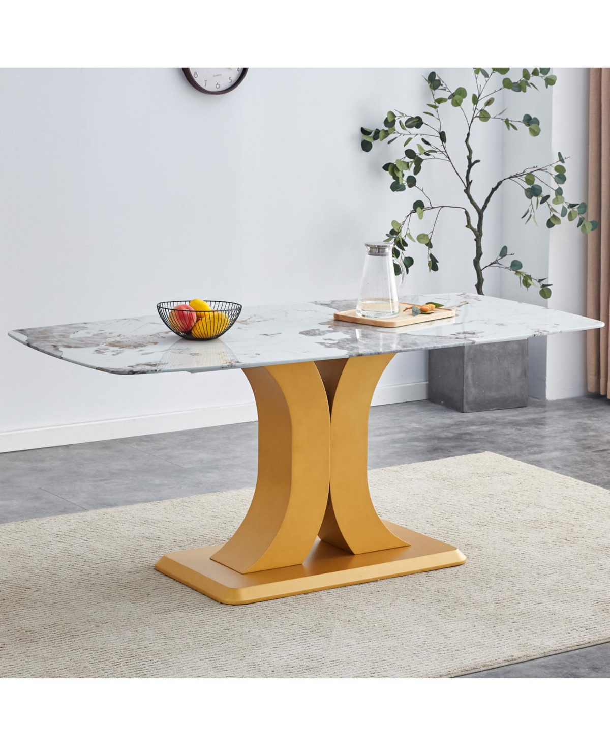 Streamdale Furniture A modern minimalist dining table. Imitation marbled glass tabletop. Gold Mdf table legs for kitchen and living room