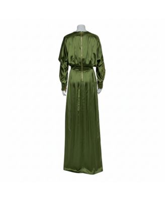 Women's Green Silk Satin Pleated Front Slit Detail Maxi Dress