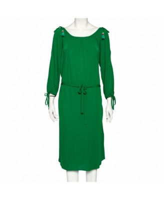 Women's Green Jersey Cold Shoulder Tassel Tie Detailed Belted Dress
