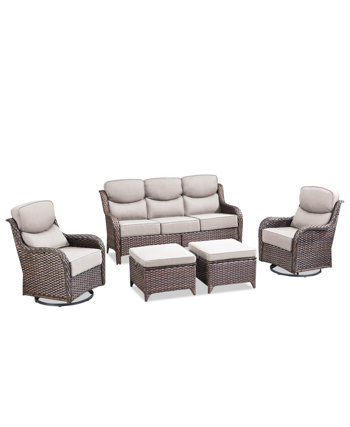 Gymojoy Crescent Swivel Glider All-Weather Pe Wicker Patio Conversation Set with Olefin 6 In. Thick Cushions/Sofa (5-Piece