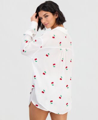 Women's Cherry Embroidered Button-Down Swim Shirt