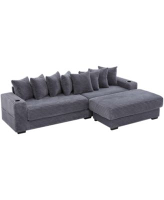 Corduroy L-Shaped Sectional Sofa with Ottoman, Pillows & Cup Holders