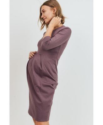 Maternity 3/4 Sleeve Round Neck Front Pleat Dress