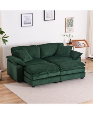 Corduroy 2-Seat Sofa with Pillows & Ottomans - Green