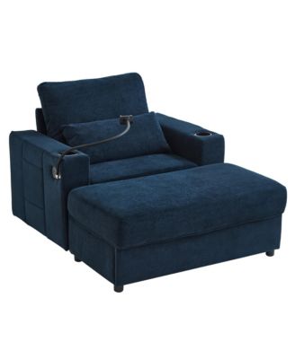 Modern Armchair Chaise Lounge Sofa w/ Ottoman, USB Ports, Cup & Phone Holders - Blue