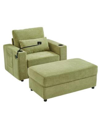 Modern Green Armchair with Ottoman, USB Ports & Cup Holders