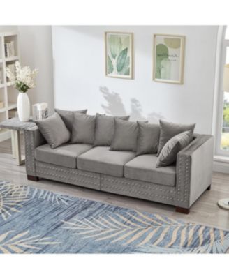 Modern Grey Velvet Sofa Silver Nailhead Trim
