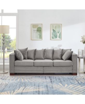 Modern Grey Velvet Sofa Silver Nailhead Trim