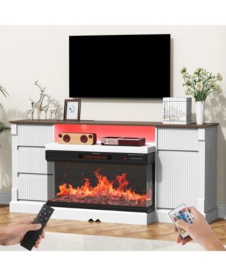  Modern Glass TV Stand w/ Fireplace, LED, Storage for 80" TVs