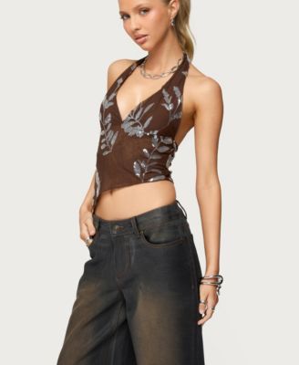 Women's Sequin Asymmetric Mesh Halter Top