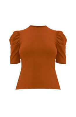 Women's Puff Shoulder Ribbed-Knit T-shirt