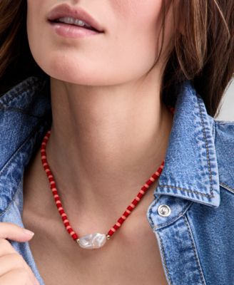 Gold-Tone Red Bead Imitation Pearl Collar Necklace, 16" + 2" extender