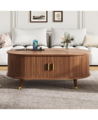  42.5" Oval Fluted Coffee Table with Charging Station, Sliding Door