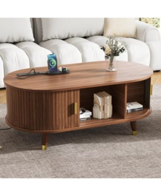  42.5" Oval Fluted Coffee Table with Charging Station, Sliding Door