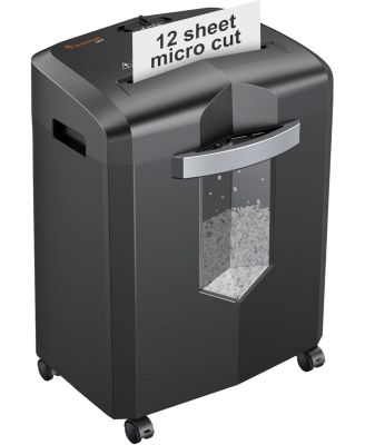 12-Sheet Micro Cut Shredder, P-4, 60-min run, shreds paper/CDs/cards/mail, Jam-Proof, 4.2Gal Bin, Home/Office