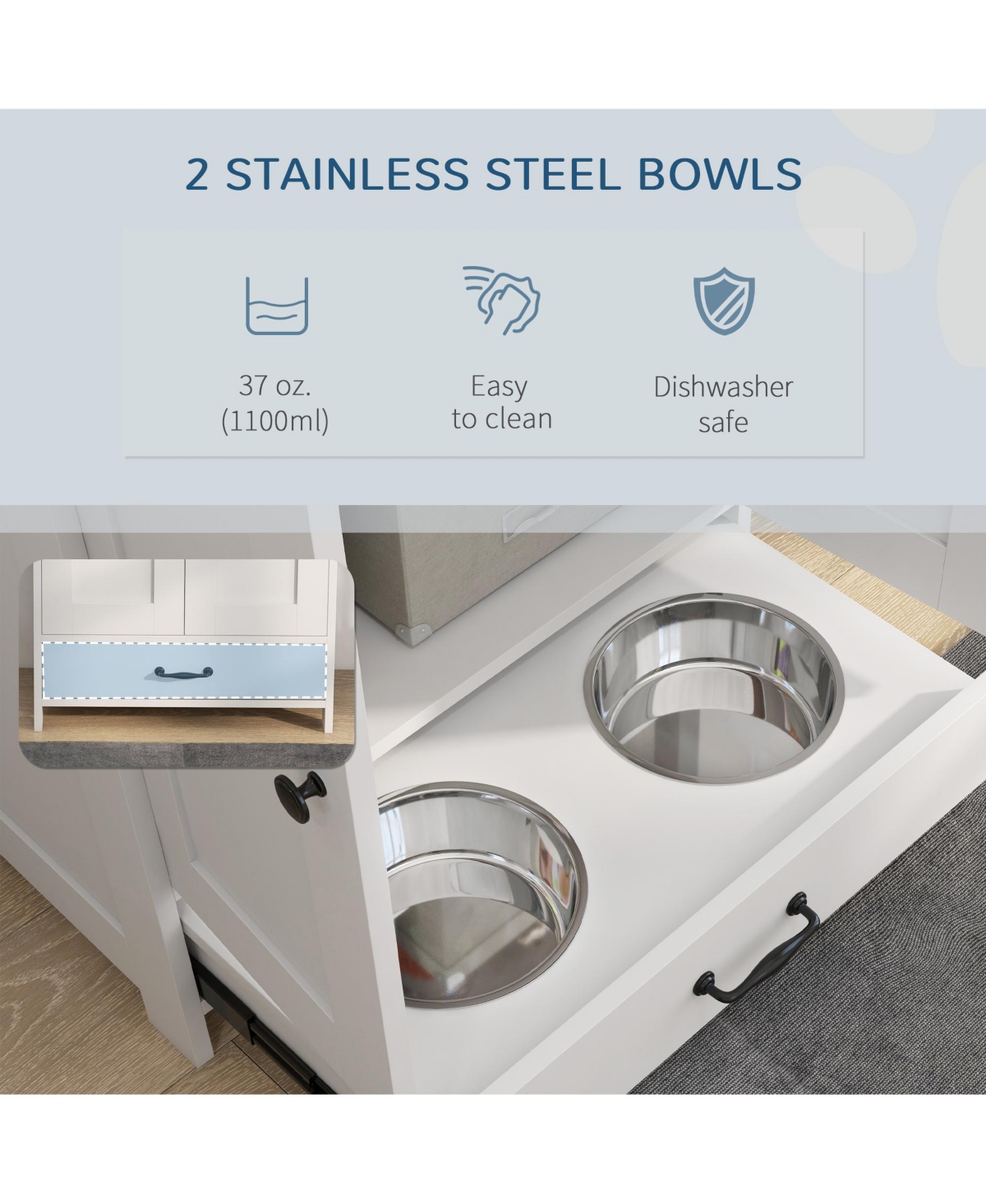 PawHut Dog Feeding Station w/ Raised Dog Bowls, Adjustable Panel, Black