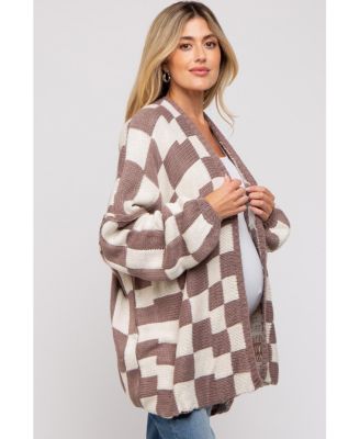 Maternity Taupe Checkered Print Oversized Cardigan