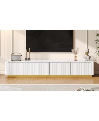 Luxury Fluted TV Stand - Faux Marble Top, 4 Drawers, Gold Base, White