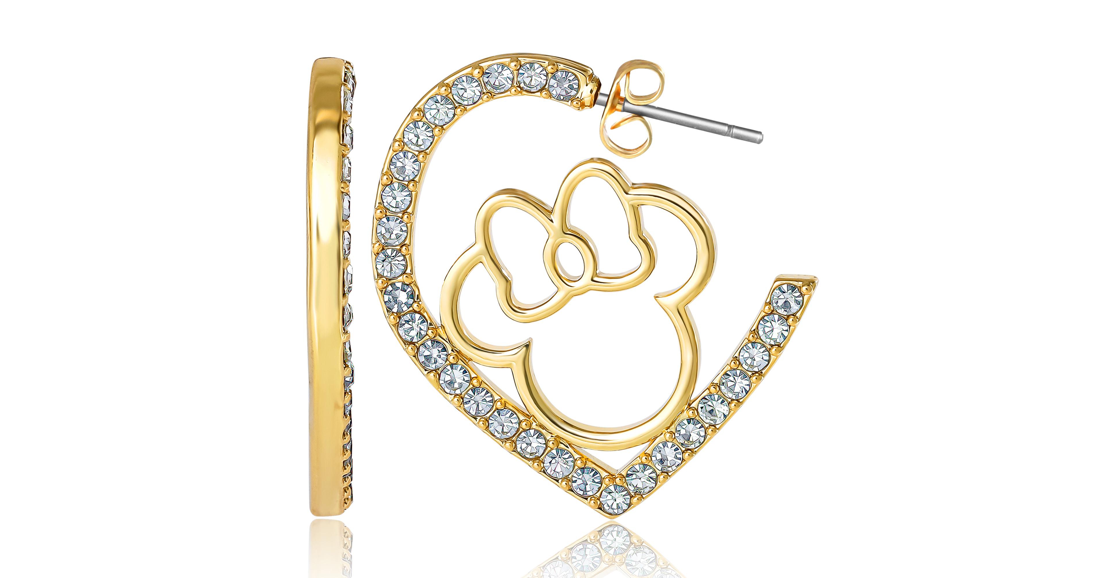 Disney Minnie Mouse Heart Earrings, Gold-Tone Outline with Crystal Pave