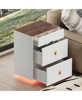 3-Drawer LED Nightstand, Glass Top, Faux Leather Handles