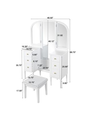 Antique White Vanity Set with Triple Mirror & Stool