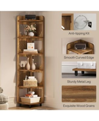 6-Tier Corner Shelf Stand, 71-Inch Rustic Tall Corner Bookshelf, Narrow Corner Bookcase, Corner Plant Stand Display Shelf Organizer