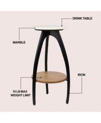 Ollie 24.5" Designer Farmhouse Metal Tripod Drink Table and Decorative End Table with White Marble Round Top and Wood Undershelf