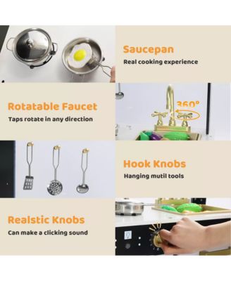 Wooden Pretend Play Kids Kitchen, Toy Kitchen Playset w/Oven, Microwave for Boys Girls Age 3