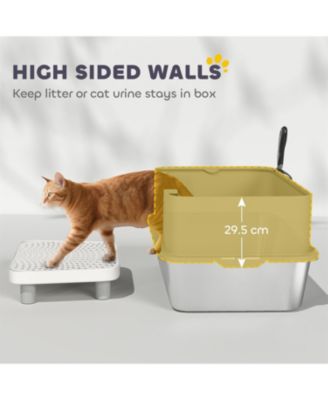 Sleek Gray Stainless Steel Litter Box with High Sides & Scoop – Elevate Your Home with Refined Odor Control