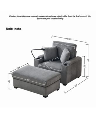 Oversized Corduroy Chaise Lounge Chair with Ottoman, Storage & USB - Grey