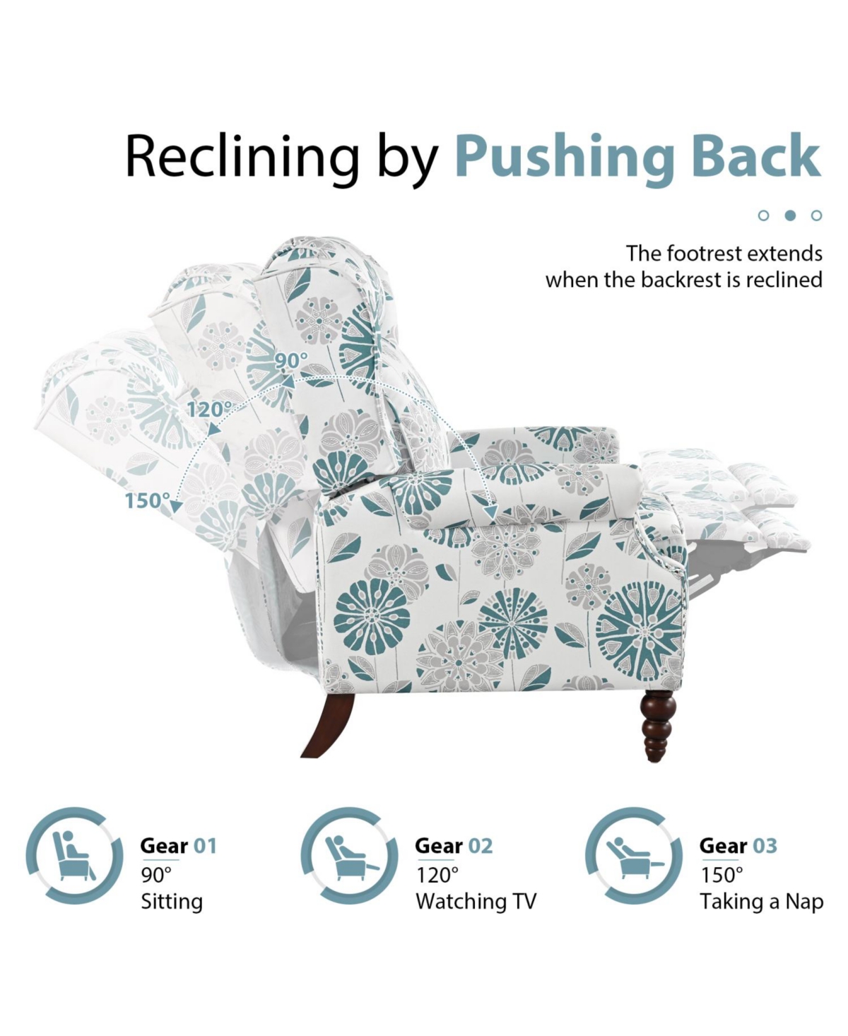 Streamdale Furniture Streamdale Push Back Recliner Chair, Wing Back, Gourd Legs, White & Blue