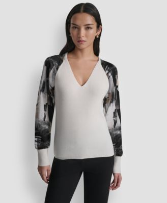 Women's Printed Organza-Sleeve V-Neck Shirt
