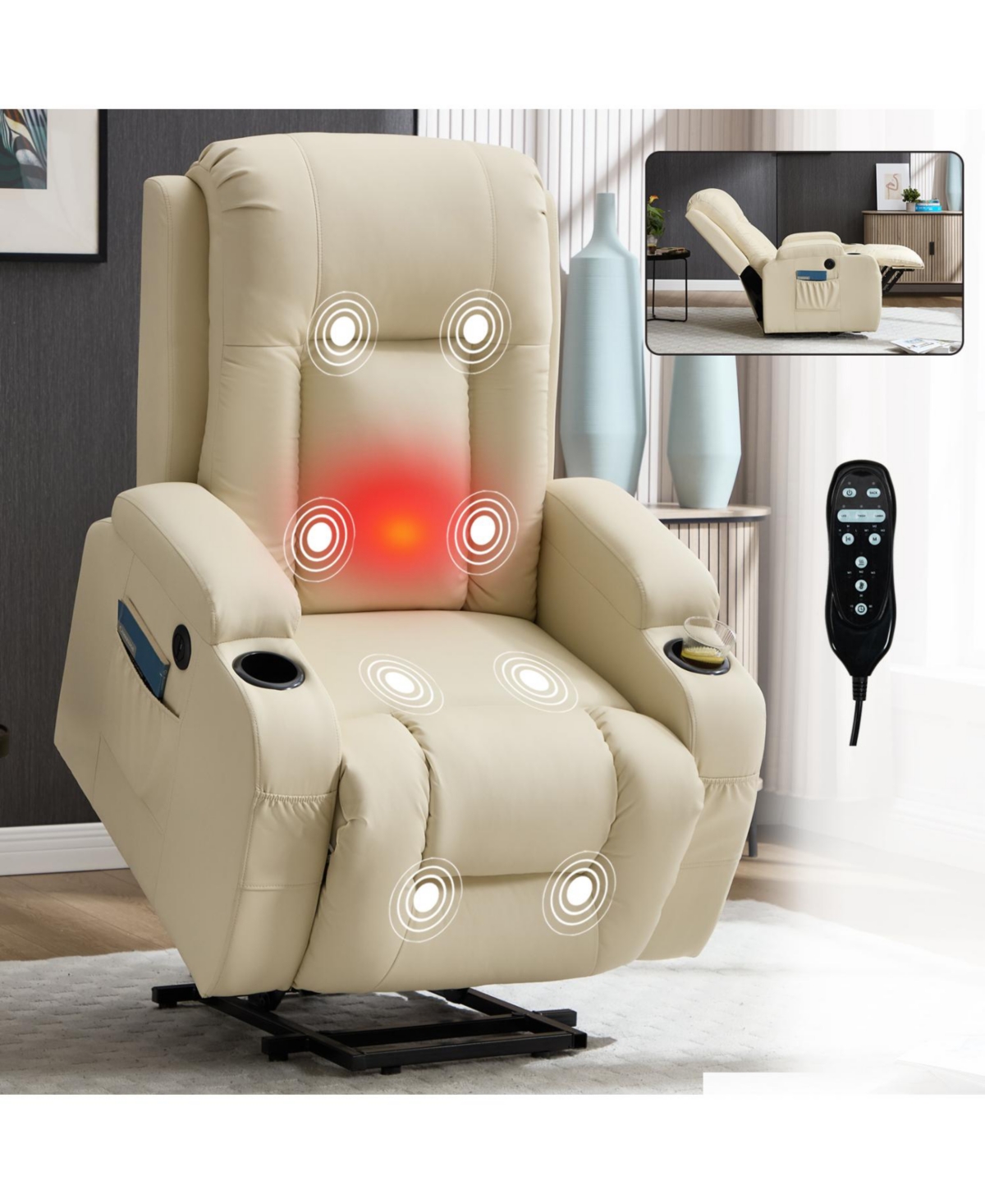 Streamdale Furniture Streamdale Beige Power Lift Recliner w/ Massage, Heat, Usb & Cup Holders