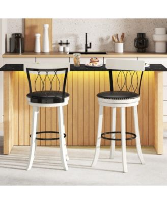 29'' Set of 2 Bar Stools w/ Footrest Rubber Wood Frame & Tufted Rivets