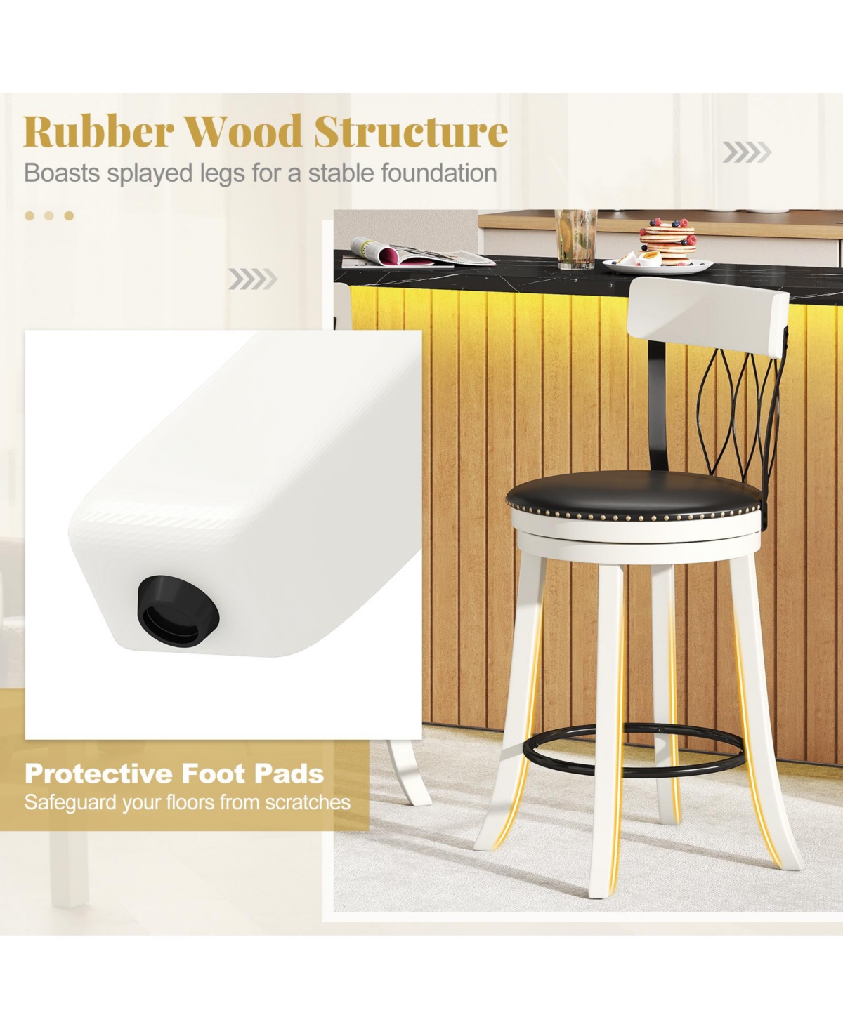 Gymax 26'' Set of 2 Bar Stools w/ Footrest Rubber Wood Frame & Tufted Rivets