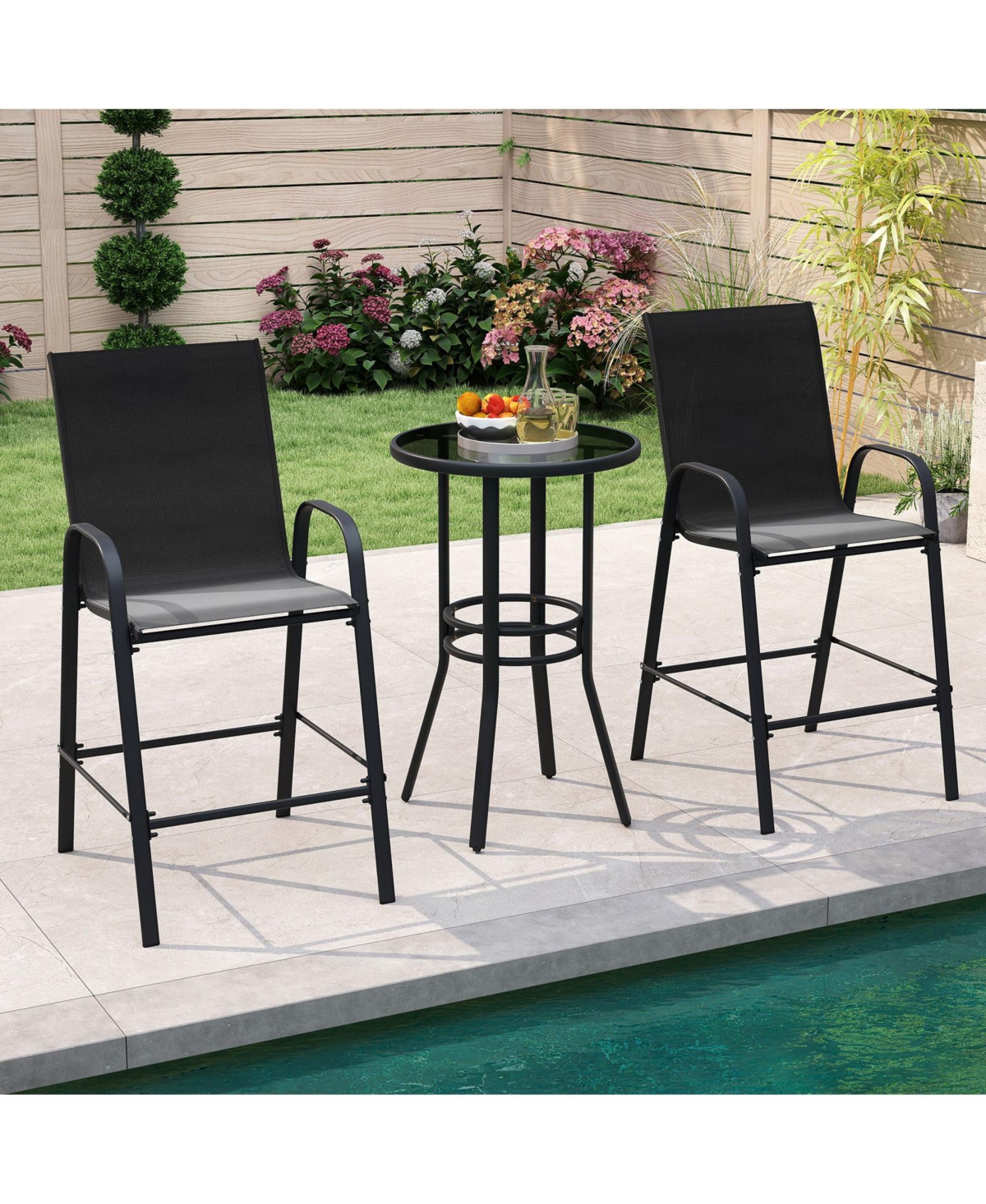 Gymax 4PCS Outdoor Bar Stools 29'' Fabric Height w/ Armrests & Footrest