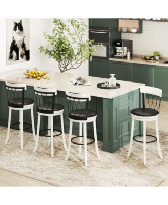 29'' Set of 4 Bar Stools w/ Footrest Rubber Wood Frame & Tufted Rivets