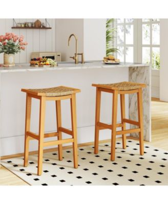 Outdoor Acacia Wood Bar Stools Set of 4 w/ PE Rattan Seats & Backrests