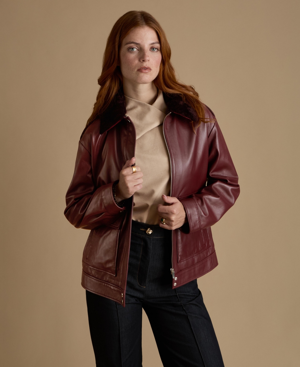 Furniq Uk Women's Leather Jacket with Detachable Shearling Collar - Burgundy
