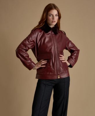 Women's Leather Jacket with Detachable Shearling Collar