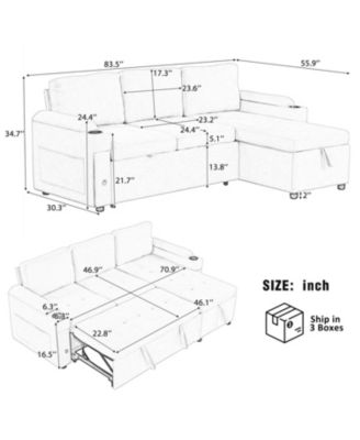 Streamdale 83.5" L-Shaped Sofa Bed with Storage, Cup Holders & USB