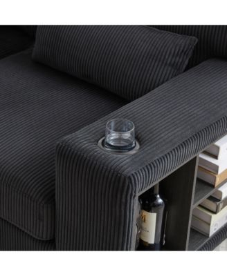 L-Shaped Corduroy Sectional Sofa with Storage & Cup Holder